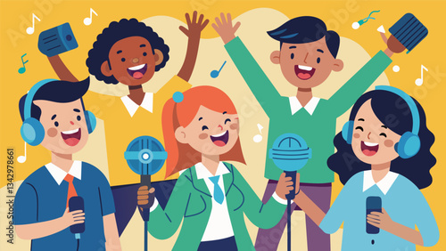 The energetic and enthusiastic voices of the student broadcasters fill the school with energy and positivity.. Vector illustration