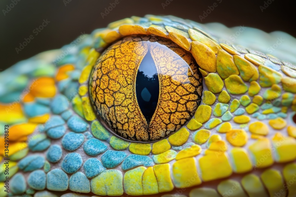 Fototapeta premium Close-up photo of a colorful snake eye with yellow and blue scales. Use it for illustrating wildlife, reptiles, or unique animal features.