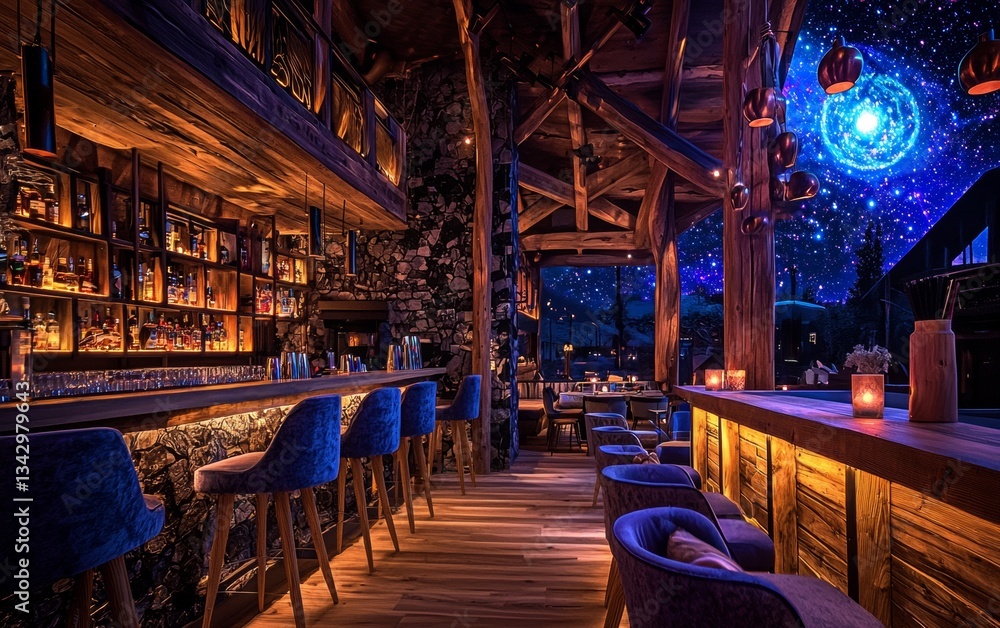 Fototapeta premium Elegant indoor bar featuring stunning decor and cosmic ceiling in a serene mountain setting during evening hours