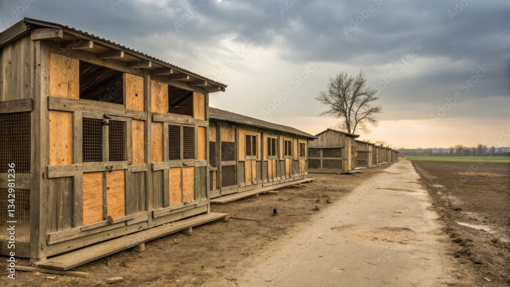 Abandoned Row of Weathered Wooden Chicken Coops in Desolate Rural Landscape Abandoned Row of Weathered Wooden Chicken Coops in Desolate Rural Landscape