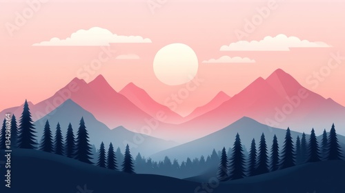 Pink sunset mountains, forest valley, peaceful landscape, poster art