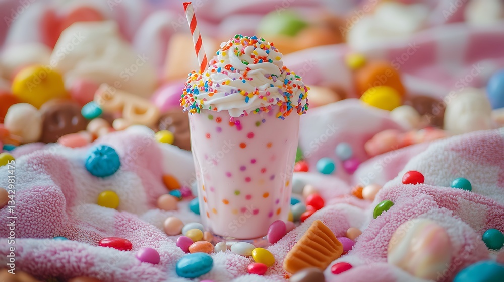 A candy inspired milkshake on a polka dot blanket surrounded by sweets A candy inspired milkshake on a polka dot blanket surrounded by sweets