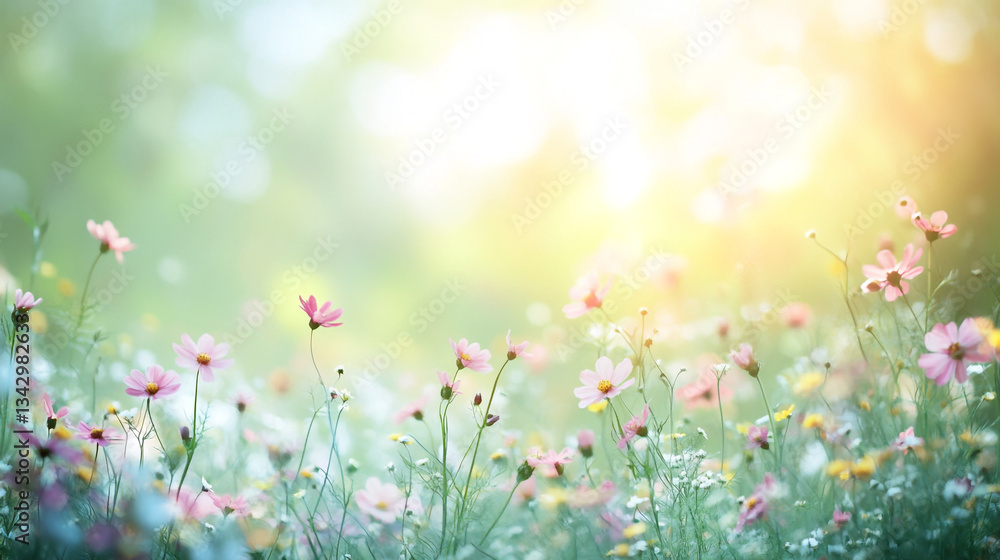 Fototapeta premium A serene countryside view of a spring meadow at sunrise, Sunlight shining through the grass, illuminating small white flowers in springtime season, Dreamlike mystical gardens with vibrant flowers.