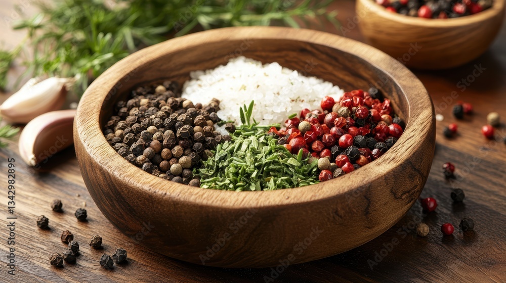 Fototapeta premium A fragrant symphony of herbs and spices, with parsley is vibrant green, rosemary is woody aroma, and peppercorns' fiery bite, ready to tantalize the taste buds.