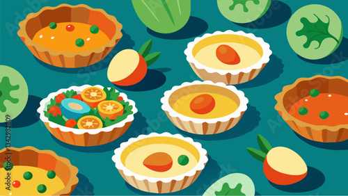 A spread of flaky savory quiches filled with farmfresh eggs and vegetables picked straight from the farm that morning.. Vector illustration