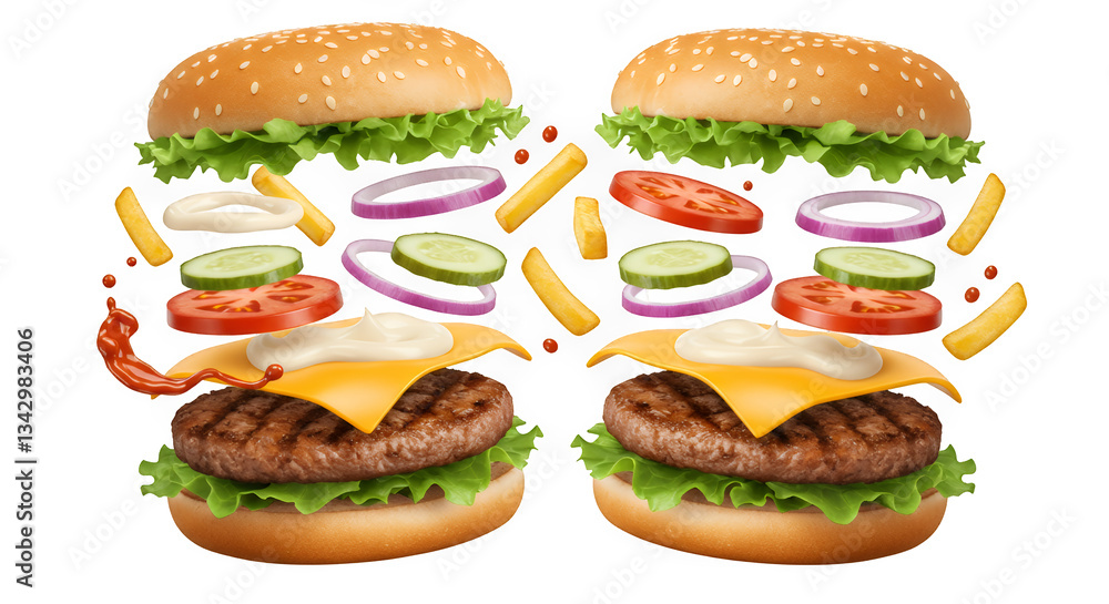 Deconstructed Cheeseburger with Levitation on Transparent Background Deconstructed Cheeseburger with Levitation on Transparent Background