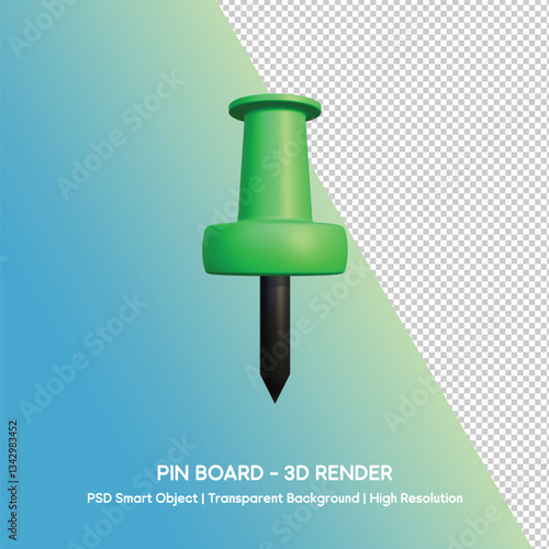 Green Push Pin 3D Render on Transparent Background