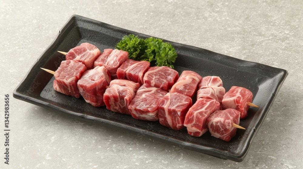 Savory raw lamb shish kebab displayed on a mockup tray showcasing tender cuts and fat marbling Savory raw lamb shish kebab displayed on a mockup tray showcasing tender cuts and fat marbling