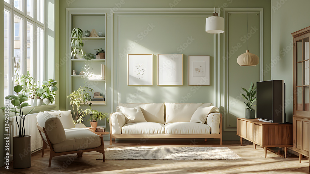 Fototapeta premium Bright and Inviting Minimalist Living Room with Green Walls and Natural Light Sources