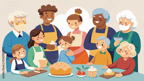 A group of Baby Boomer foodies attend a cooking class where they learn the art of making sourdough bread eager to perfect their technique and pass down the tradition to their. Vector illustration