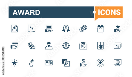 Award icon set. Contain linear symbols credit, coupon, reward, discount, token and more. Bonus vector icon set. Minimalist icons pack. Pixel perfect. Solid line editable stroke.