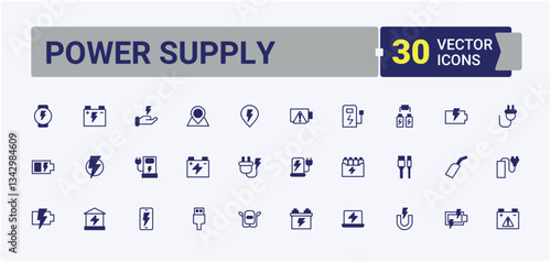 Power Supply icon set. Includes thin line symbols charger, plug, technology, battery, ev, electricity. Charging vector line icon set. Minimalist editable stroke. Editable outline and solid icons.
