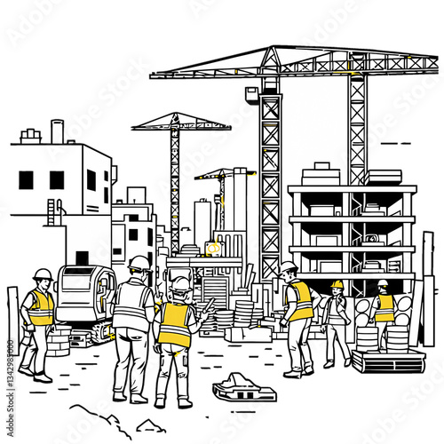 A group of construction workers are working on a building site