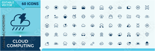 Cloud Computing icon set. Contain linear sign technology, communication, computing, hosting, network and more. Minimal linear icons. Data related icon set. Outline and solid pictogram.