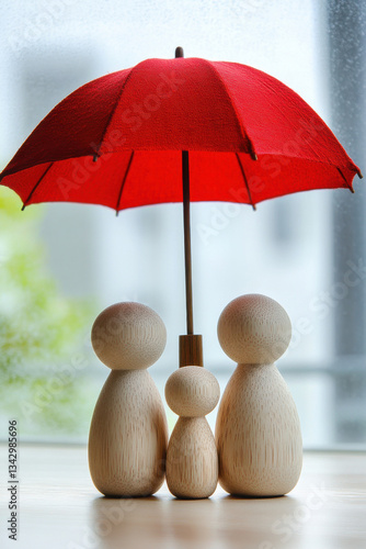Wallpaper Mural Family Protection Concept Wood Figurine and Red Umbrella Torontodigital.ca