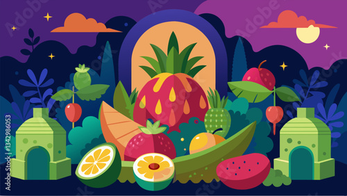 A tempting arrangement of rare and mysterious fruits like a secret garden from a faraway land.. Vector illustration