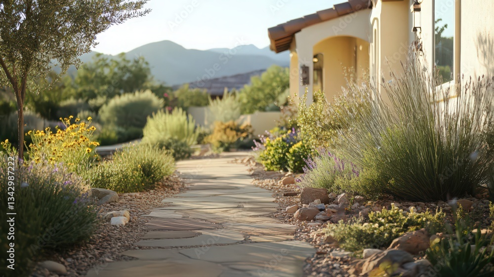 Fototapeta premium Stone Pathway Through a Desert Landscape Leading to a House