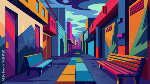 A hidden alleyway adorned with vibrant street art and lined with benches providing a quiet spot for reflection amidst the chaos of the city.. Vector illustration