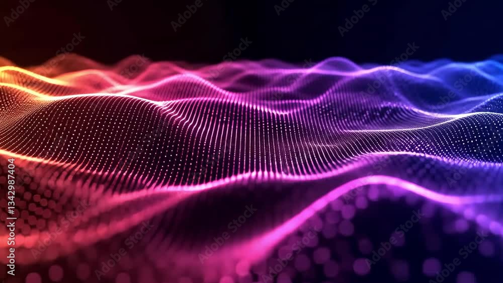 Abstract landscape of glowing dots with orange pink and blue gradient on a dark background Abstract landscape of glowing dots with orange pink and blue gradient on a dark background
