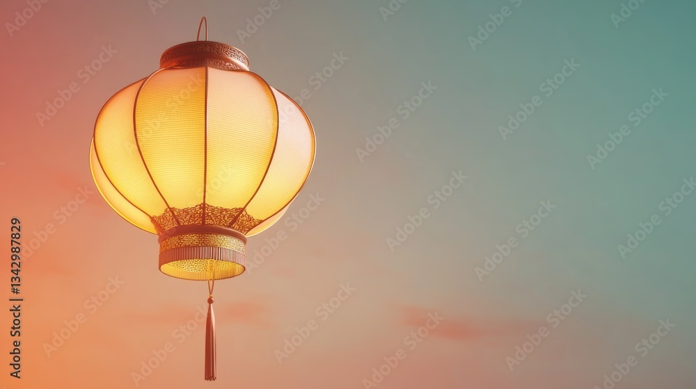 Fototapeta premium A glowing traditional paper lantern hanging in the colorful sky