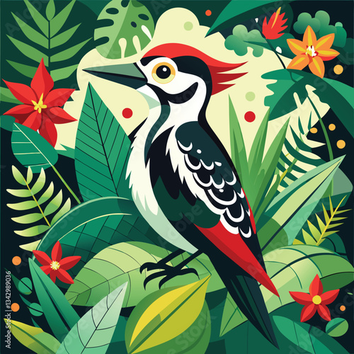 Vectorized Woodpecker Bird Pattern in a Tropical Forest Setting