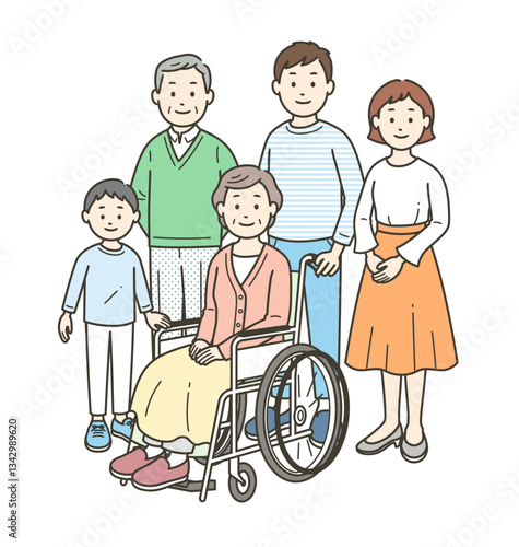 車いすのお婆さんを介助する三世代家族が集合した全身イラスト