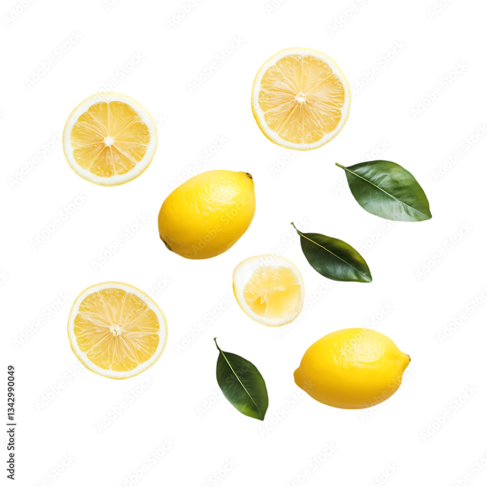 A scattering of lemons and leaves on a plain black background A scattering of lemons and leaves on a plain black background