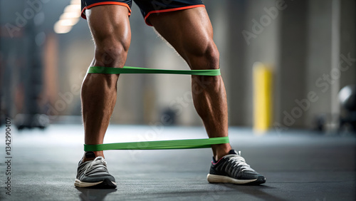 sports injury prevention conditioning Athlete training with resistance bands on legs in a gym setting.