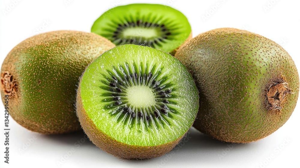 Freshly cut kiwi fruit showcasing vibrant green flesh and seeds, isolated Freshly cut kiwi fruit showcasing vibrant green flesh and seeds, isolated