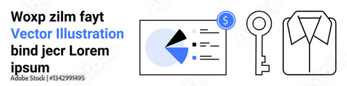 Pie chart with financial data, dollar sign, key icon, and shirt outline for formality. Ideal for business, finance, analytics, solutions, corporate ideas startups simple landing page