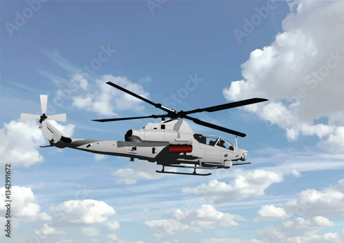 009-31-Modern military helicopter flying through a cloudy sky, rotor blades spinning