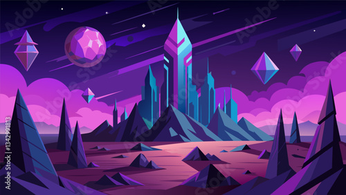 An otherworldly landscape filled with towering spires of shimmering data crystals.. Vector illustration