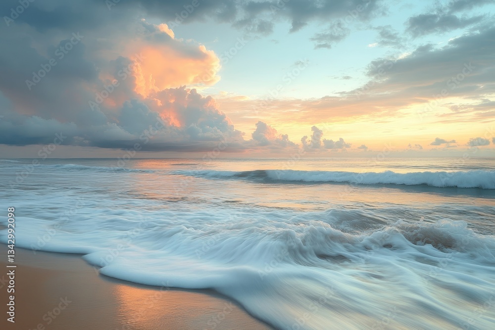 Fototapeta premium Serene beach scene featuring waves, sand, and pastel-colored clouds at sunrise. It's perfect for travel blogs, inspirational content or relaxation materials.