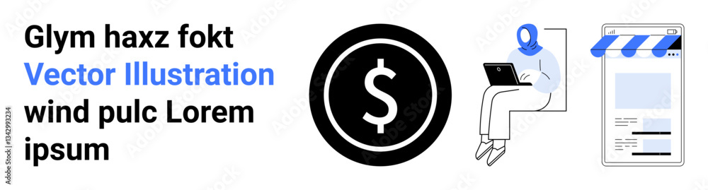 Person sitting with laptop, dollar sign in circle, and online storefront screen. Ideal for online shopping, e-commerce, technology, remote work, financial management, payment systems simple landing Person sitting with laptop, dollar sign in circle, and online storefront screen. Ideal for online shopping, e-commerce, technology, remote work, financial management, payment systems simple landing