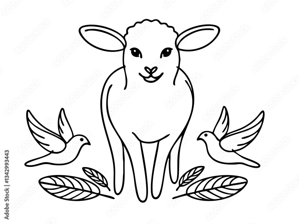 Obraz premium Lamb surrounded by birds and leaves in a minimalist style