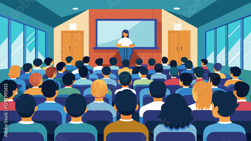 The school auditorium is filled with anticipation as students eagerly await the start of the assembly.. Vector illustration