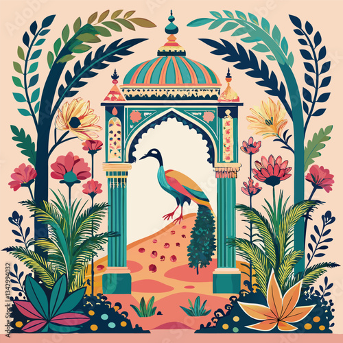 Vibrant Tropical Mughal Garden: Arched Peacock Frame Architecture
