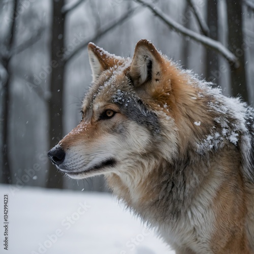 Hokkaido Wolf with Silvery Fur and Intense Gaze in Snowy Landscape