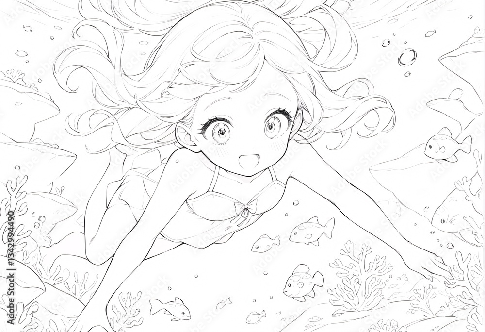 Smiling anime girl swimming underwater in coral reef. A captivating black and white illustration of a young cheerful anime girl swimming gracefully through an underwater coral reef