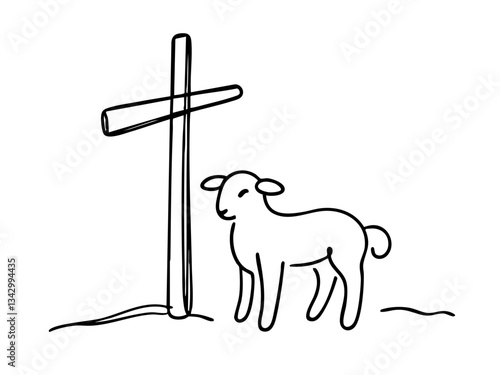 Simple line drawing of a sheep next to a cross  