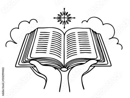 Open book held in hands with clouds and a shining star  