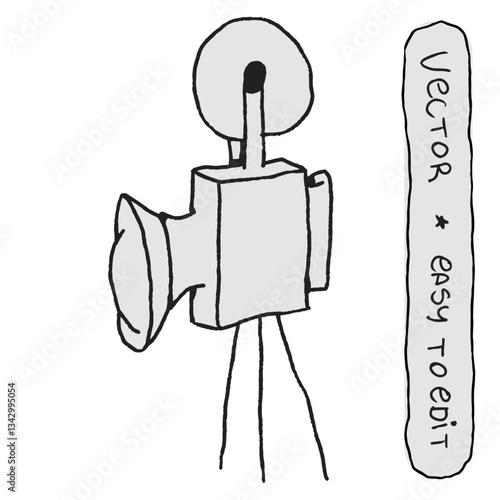 A hand-drawn vector illustration of a vintage camera mounted on a tripod. The design features a simple, sketch-style outline with rough, artistic strokes, giving it a minimalist and creative look. The