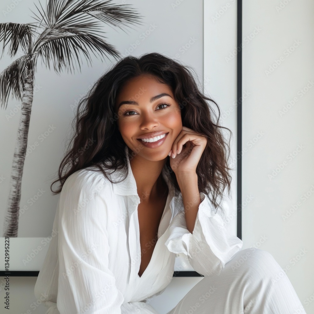 Smiling African American Woman in Relaxed White Outfit Sitting in Minimalist Interior Smiling African American Woman in Relaxed White Outfit Sitting in Minimalist Interior