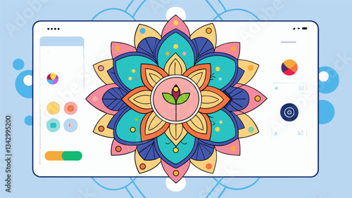 A mindful coloring app that allows users to create their own mandalas and patterns while listening to guided meditations.. Vector illustration