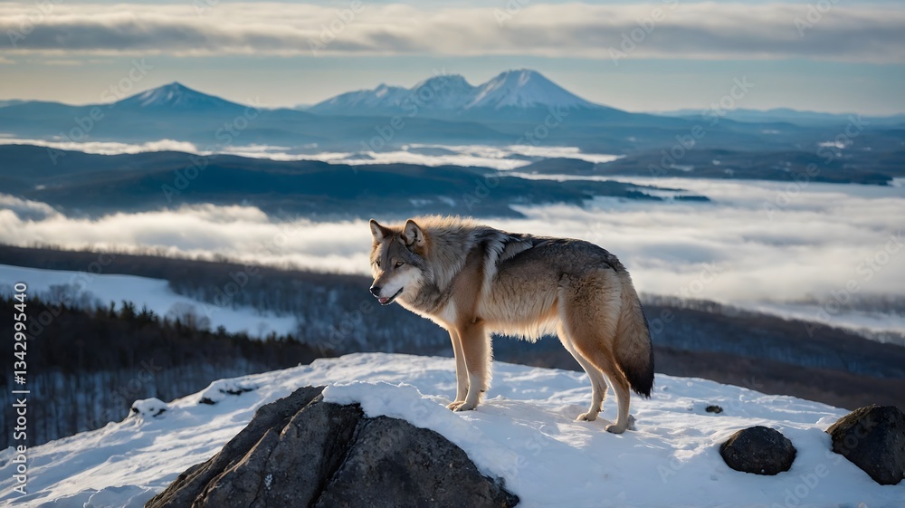 Obraz premium Lone Hokkaido Wolf on Rocky Outcrop Overlooking Snowy Valley