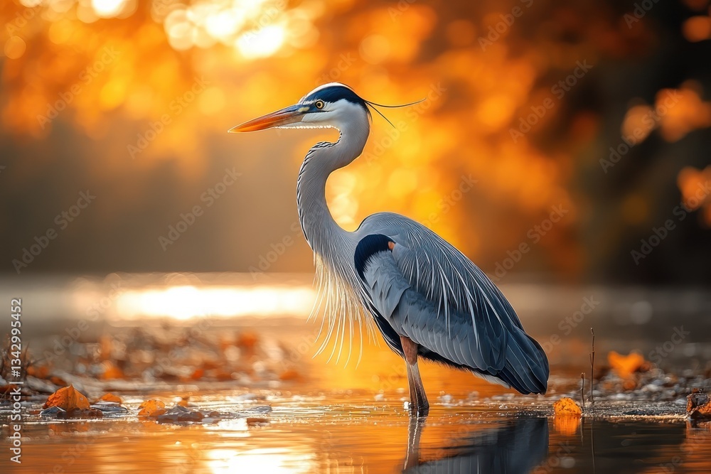 Naklejka premium Heron wading sunset autumn river nature wildlife