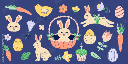 Happy Easter illustrations set With Bunnies, chickens and eggs. Happy Easter hand drawn card. Flat illustration with partial outline. Isolated vector illustration on dark background.