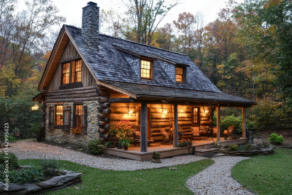 Rustic log cabin at dusk, cozy lights on the porch and windows. Ideal for travel ads, real estate, or nature retreat marketing. Rustic log cabin at dusk, cozy lights on the porch and windows. Ideal for travel ads, real estate, or nature retreat marketing.