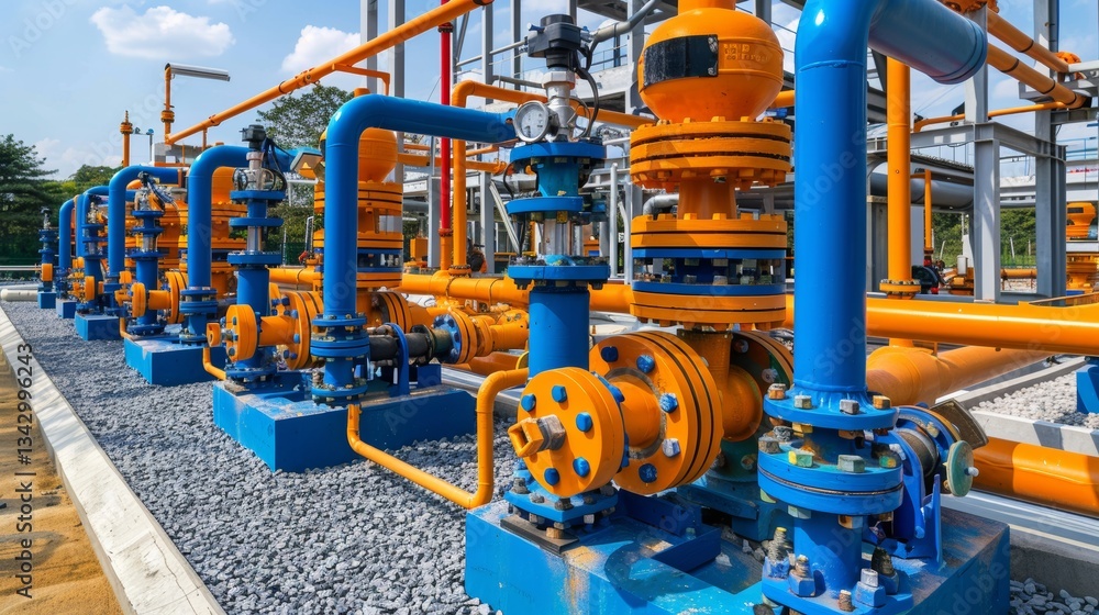 Extensive industrial area with multiple pipes and valves for district heating system setup Extensive industrial area with multiple pipes and valves for district heating system setup