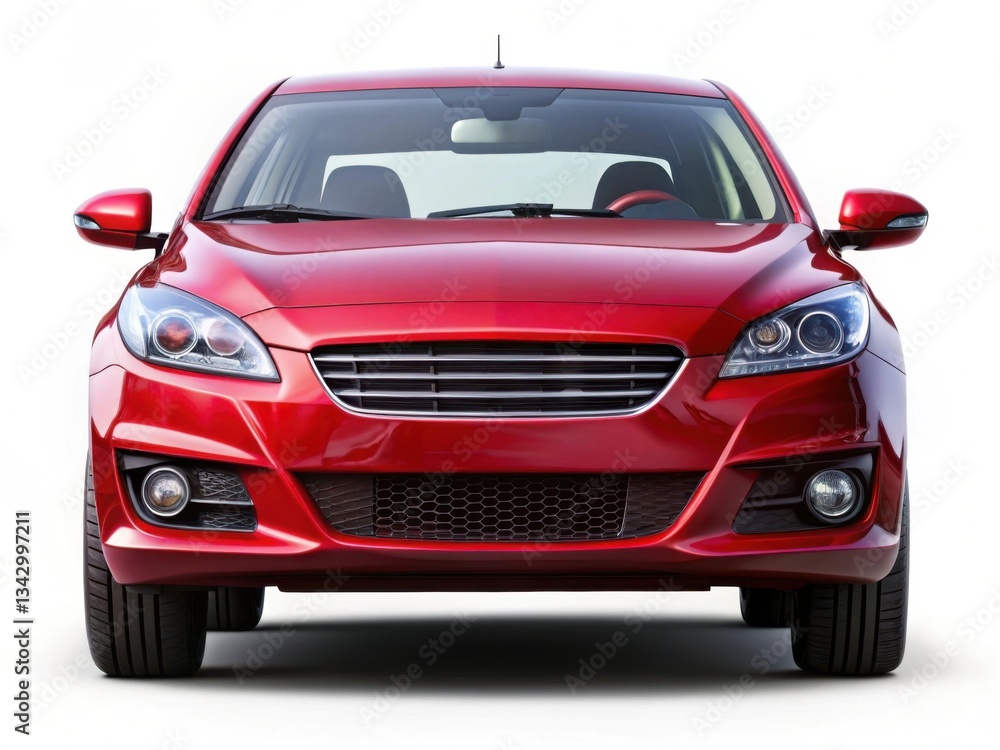A red car with a black grill and chrome trim A red car with a black grill and chrome trim